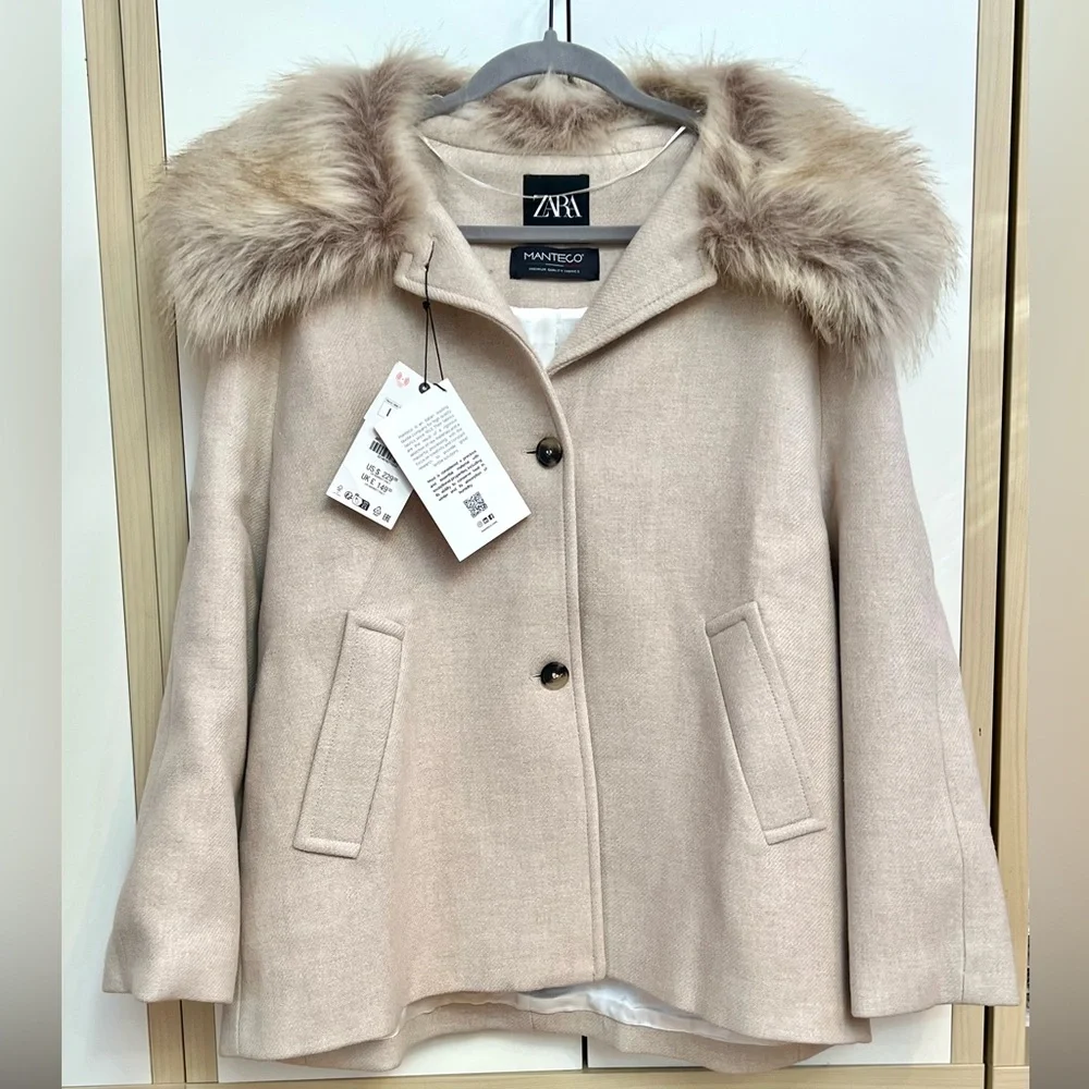 New Zara Manteco Wool Blend Coat Woman Beige Detachable Faux Fur Collar - Picture 3 of 4